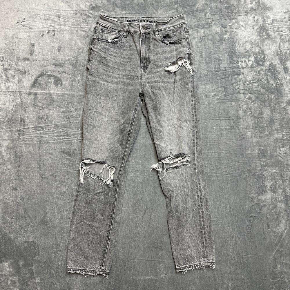 American Eagle Distressed Mom Jeans Women's Size 2R‎ Gray Denim